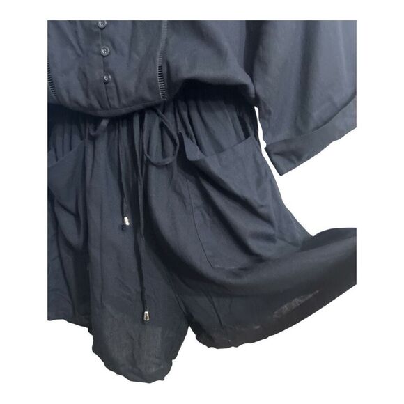 Women Black 3/4-Sleeve Romper Plus Size 2X Linen Blend Button Up Elastic-Waist - Picture 5 of 12